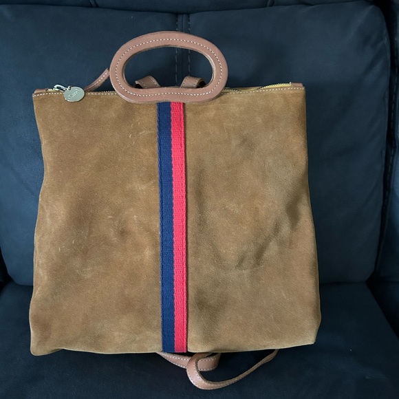 Clare V. Marcelle Backpack in Camel Suede w/Navy & Red Stripes - Picture 1 of 11